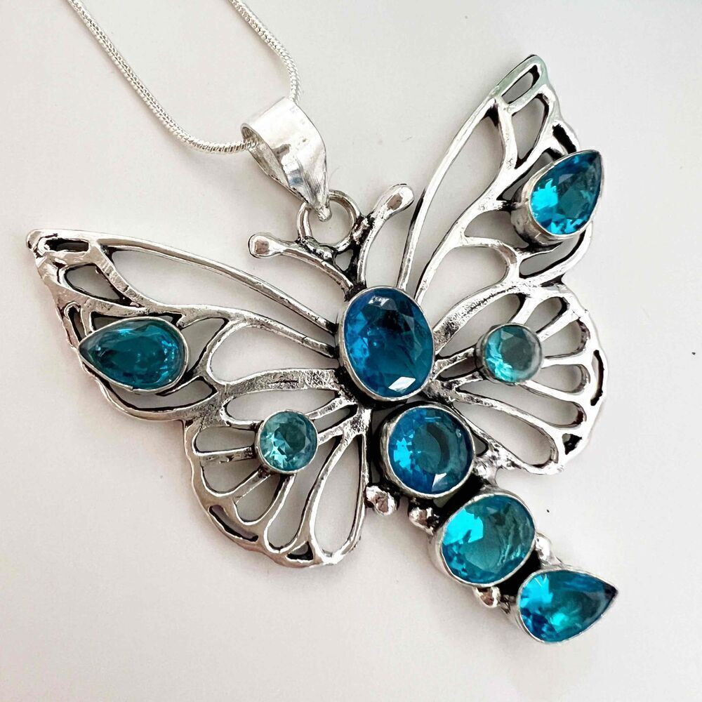 925 Sterling Silver Blue Topaz Butterfly Necklace Gemstone Fine Jewelry Women